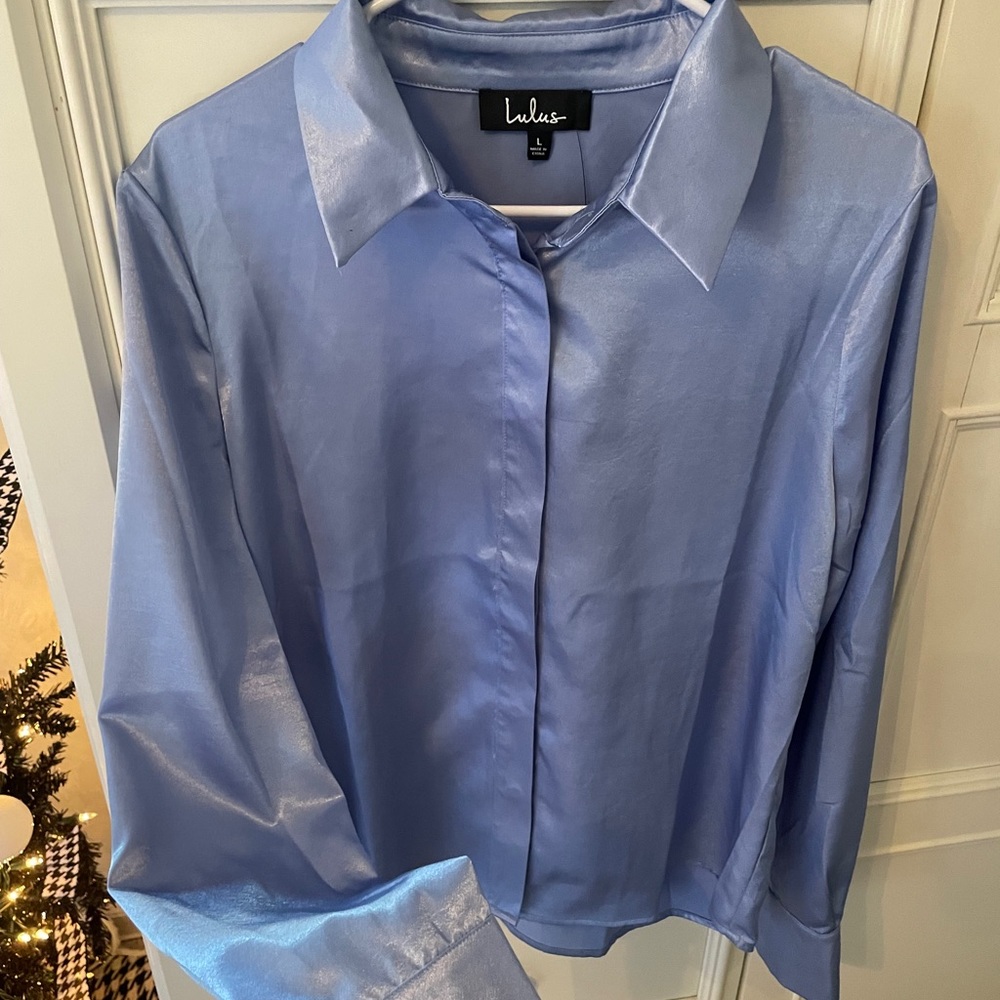 light blue satin button down shirt